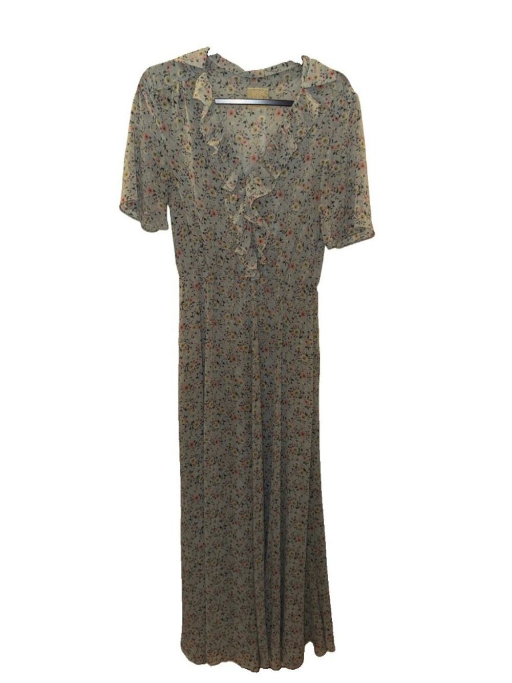 Line of Oslo Floral Maxi Short Sleeve Shirt Dress Button Up Retro Size M boho